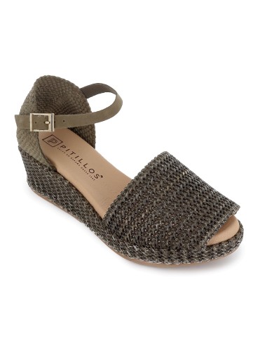 Sandalia rafia correa y hebilla cuña y plataforma mujer kaki