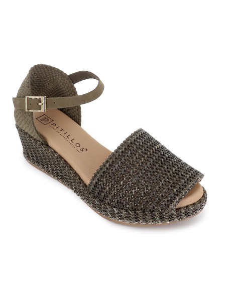 Sandalia rafia correa y hebilla cuña y plataforma mujer kaki