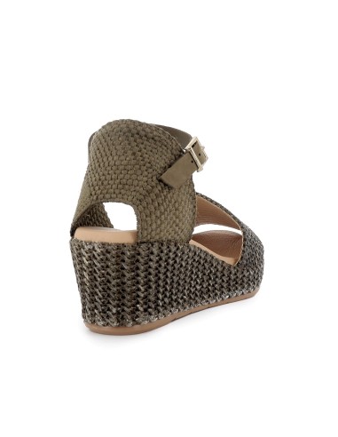 Sandalia rafia correa y hebilla cuña y plataforma mujer kaki