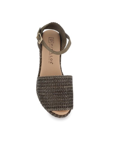 Sandalia rafia correa y hebilla cuña y plataforma mujer kaki