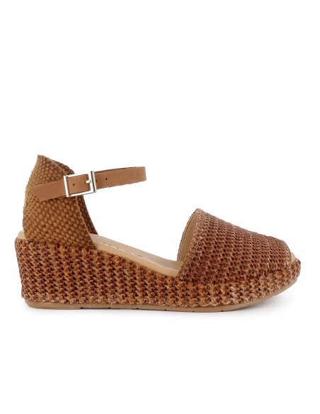 Sandalia rafia correa y hebilla cuña y plataforma mujer cuero