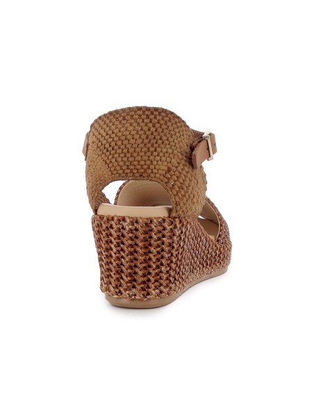 Sandalia rafia correa y hebilla cuña y plataforma mujer cuero