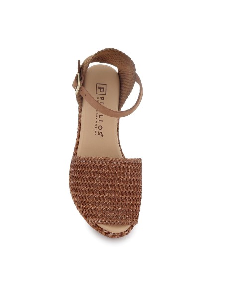 Sandalia rafia correa y hebilla cuña y plataforma mujer cuero