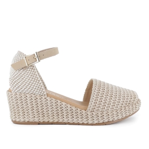 Sandalia rafia correa y hebilla cuña y plataforma mujer beige