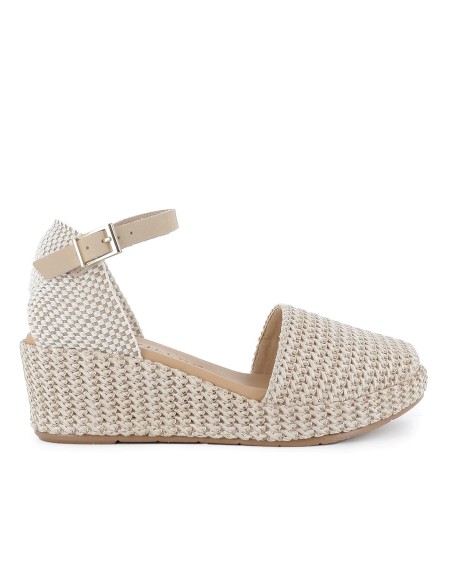 Sandalia rafia correa y hebilla cuña y plataforma mujer beige