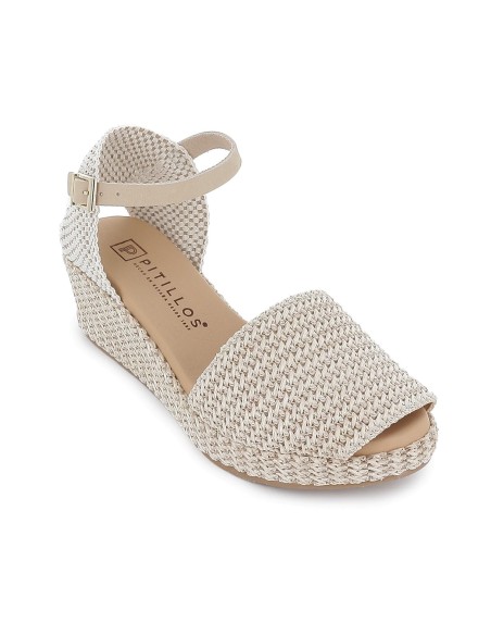 Sandalia rafia correa y hebilla cuña y plataforma mujer beige