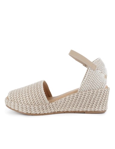 Sandalia rafia correa y hebilla cuña y plataforma mujer beige