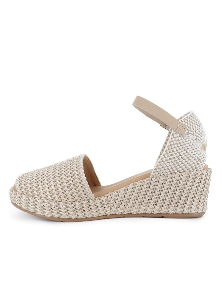 Sandalia rafia correa y hebilla cuña y plataforma mujer beige