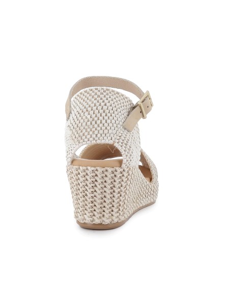 Sandalia rafia correa y hebilla cuña y plataforma mujer beige
