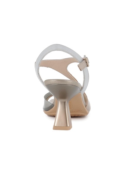 Sandalia piel y vinilo hebilla con tacón carrete mujer dorada