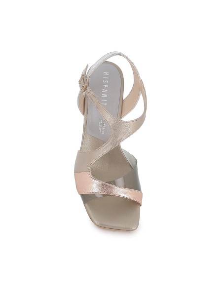 Sandalia piel y vinilo hebilla con tacón carrete mujer dorada