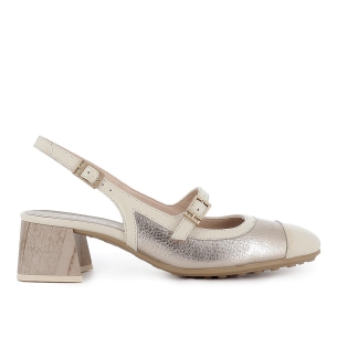 Zapato correa piel combi tacon medio hebillas mujer dorado