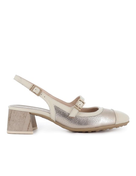 Zapato correa piel combi tacon medio hebillas mujer dorado