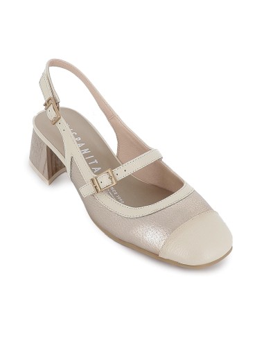 Zapato correa piel combi tacon medio hebillas mujer dorado