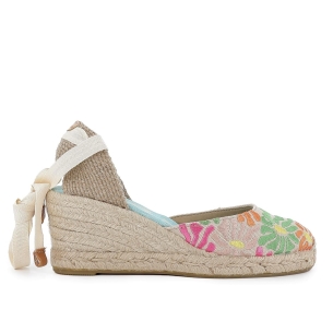 Alpargata cuña con bordados florales y cintas mujer