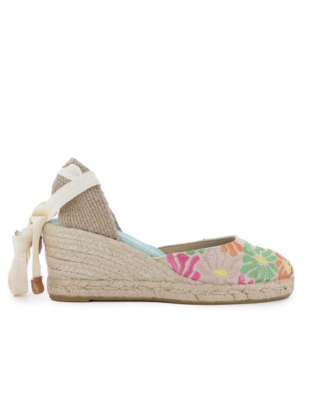 Alpargata cuña con bordados florales y cintas mujer