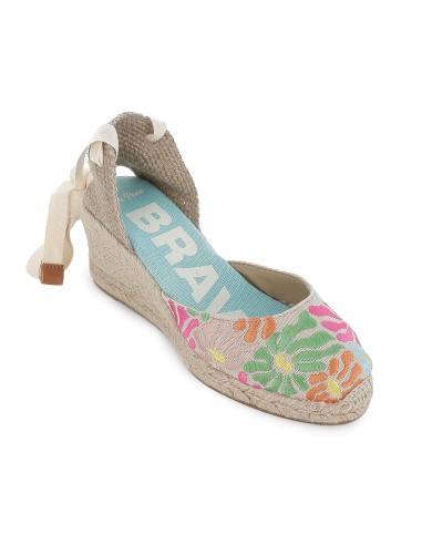 Alpargata cuña con bordados florales y cintas mujer