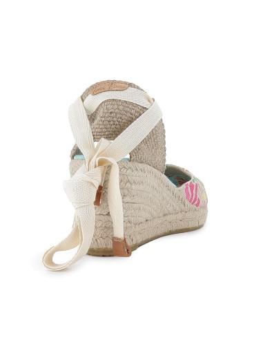 Alpargata cuña con bordados florales y cintas mujer