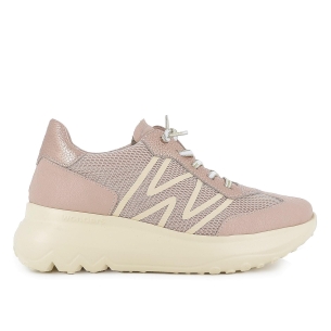 Deportiva piel y rejilla cordones elasticos mujer beige