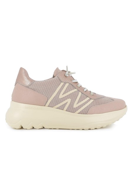 Deportiva piel y rejilla cordones elasticos mujer beige