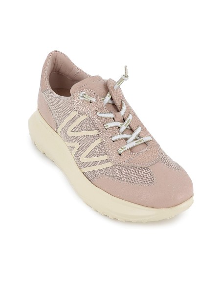 Deportiva piel y rejilla cordones elasticos mujer beige