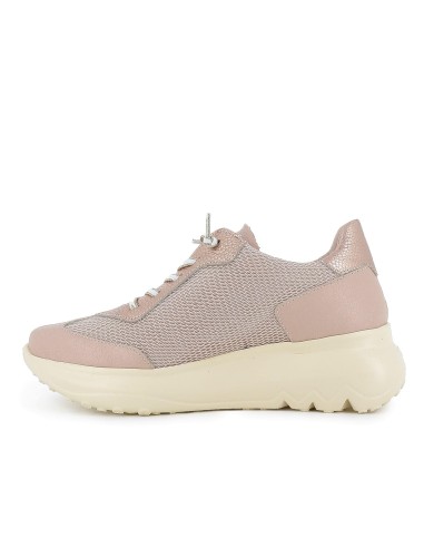 Deportiva piel y rejilla cordones elasticos mujer beige