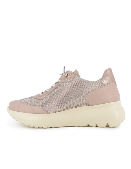 Deportiva piel y rejilla cordones elasticos mujer beige