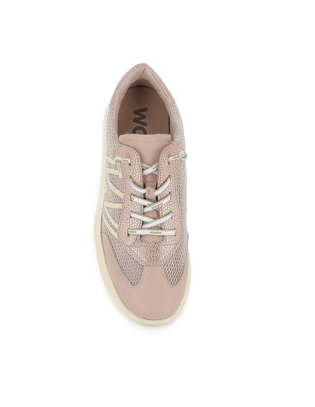 Deportiva piel y rejilla cordones elasticos mujer beige