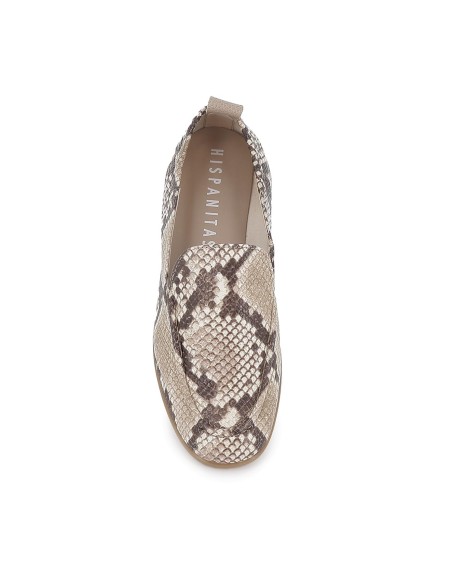 Mocasin piel lisa estampado serpiente suela plana mujer taupe