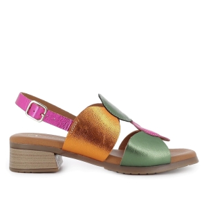 Sandalia piel adornos circulares tacon bajo mujer fucsia