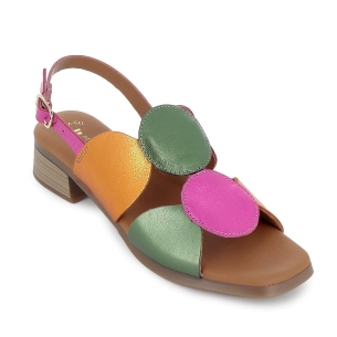 Sandalia piel adornos circulares tacon bajo mujer fucsia 2