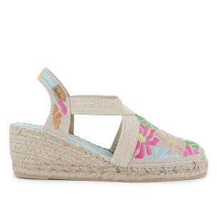 Alpargata algodon cuña con bordados florales y elasticos mujer