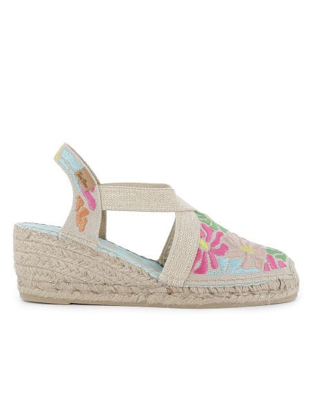 Alpargata algodon cuña con bordados florales y elasticos mujer