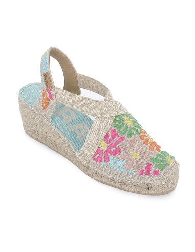 Alpargata algodon cuña con bordados florales y elasticos mujer