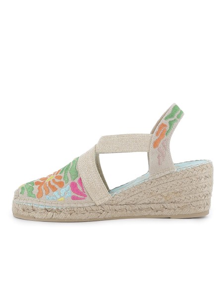 Alpargata algodon cuña con bordados florales y elasticos mujer
