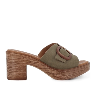 Zueco piel serraje con hebilla tacon tipo madera mujer kaki