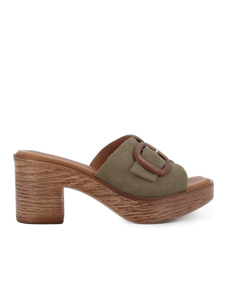 Zueco piel serraje con hebilla tacon tipo madera mujer kaki