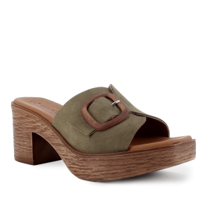 Zueco piel serraje con hebilla tacon tipo madera mujer kaki 2