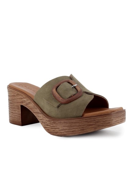 Zueco piel serraje con hebilla tacon tipo madera mujer kaki