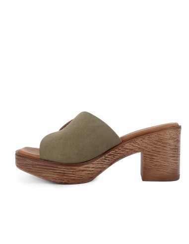 Zueco piel serraje con hebilla tacon tipo madera mujer kaki