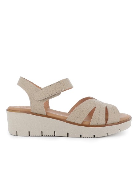 Sandalia piel pala corazon y velcro cuña ligera mujer taupe