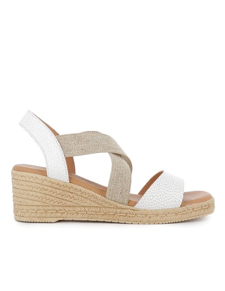 Sandalia cuña con piel y elasticos mujer blanco