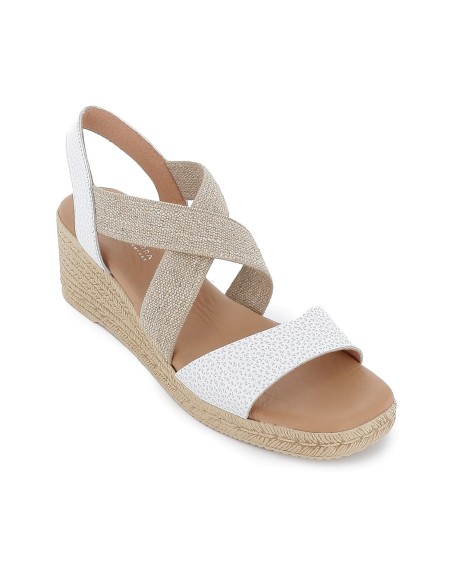 Sandalia cuña con piel y elasticos mujer blanco