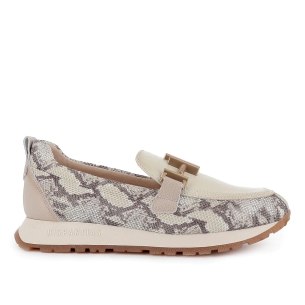Mocasin piel y rejilla print animal y hebilla mujer taupe