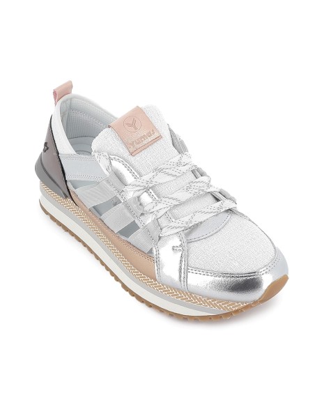 Deportiva piel con cintas plataforma mujer plateada