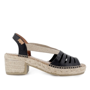 Alpargata yute piel con elasticos cosido artesanal mujer negro