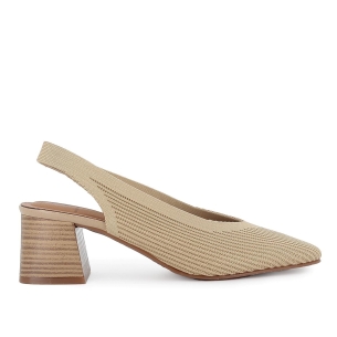 Zapato salon tejido licra con elastico y tacón ancho mujer beige