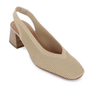 Zapato salon tejido licra con elastico y tacón ancho mujer beige 2