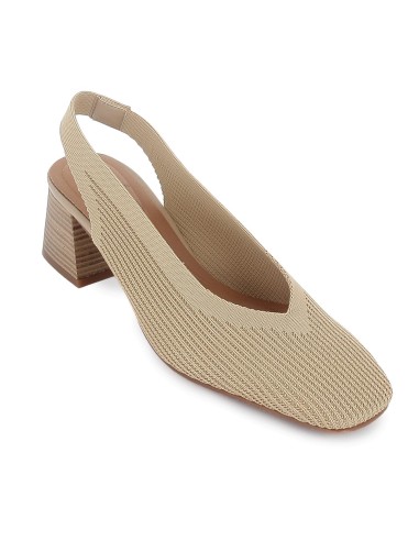 Zapato salon tejido licra con elastico y tacón ancho mujer beige