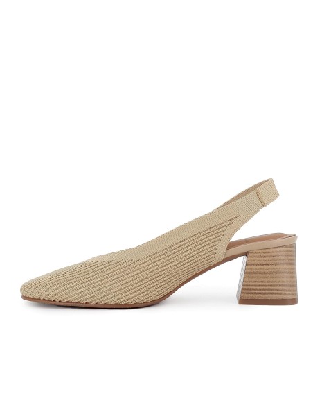 Zapato salon tejido licra con elastico y tacón ancho mujer beige